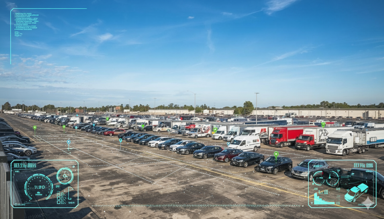Frota em pátio com HUD tecnológico e mapa em tempo real
